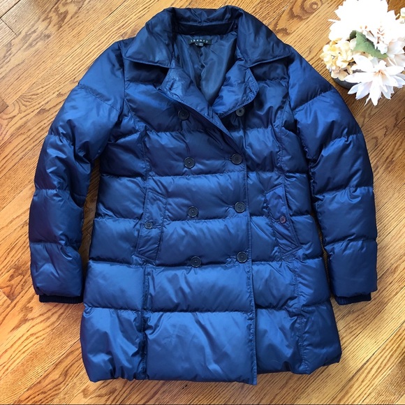 Theory Jackets & Blazers - Theory Navy Double Breasted Puffer Down Coat